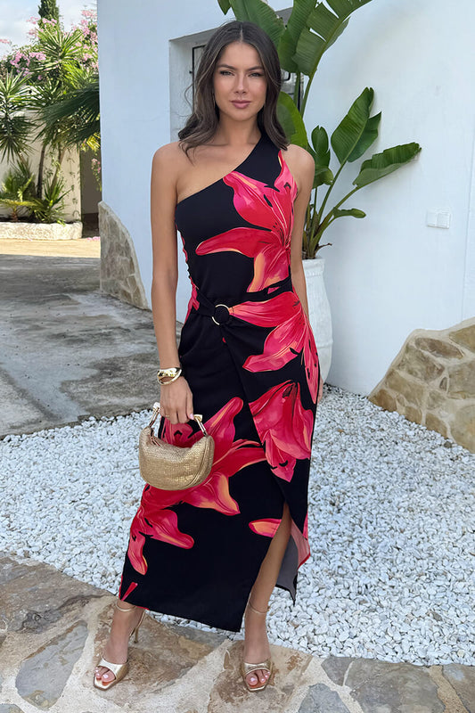 Black And Coral Red Floral Print One Shoulder O-Ring Midi Dress