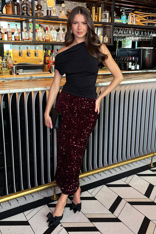 Wine Velvet Sequin Midi Skirt