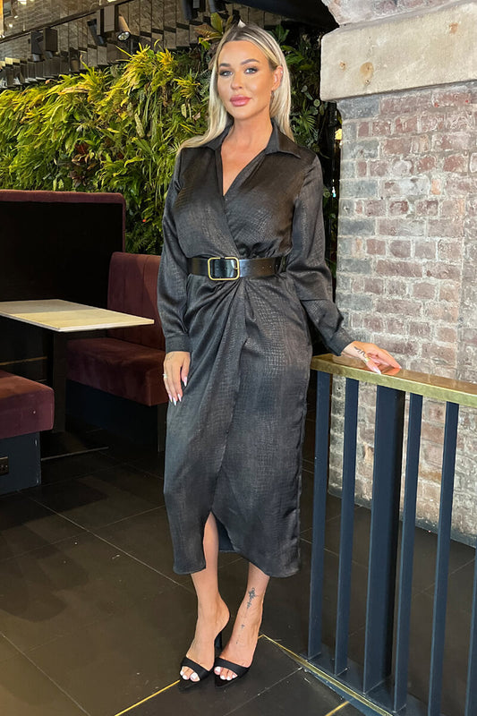 Brown Croc Pattern Wrap Shirt Belted Midi Dress